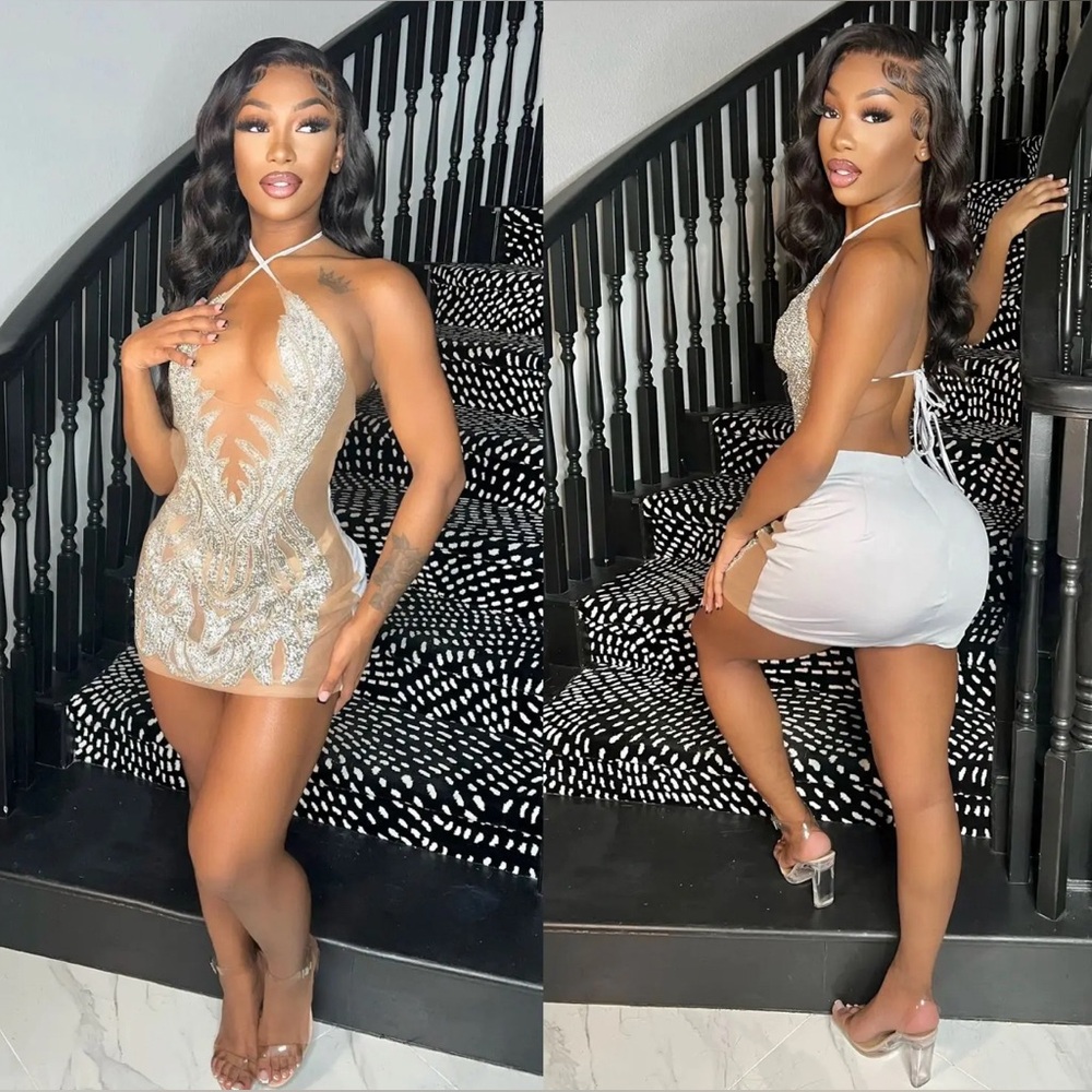 White dress w nude & diamond studded design in front
